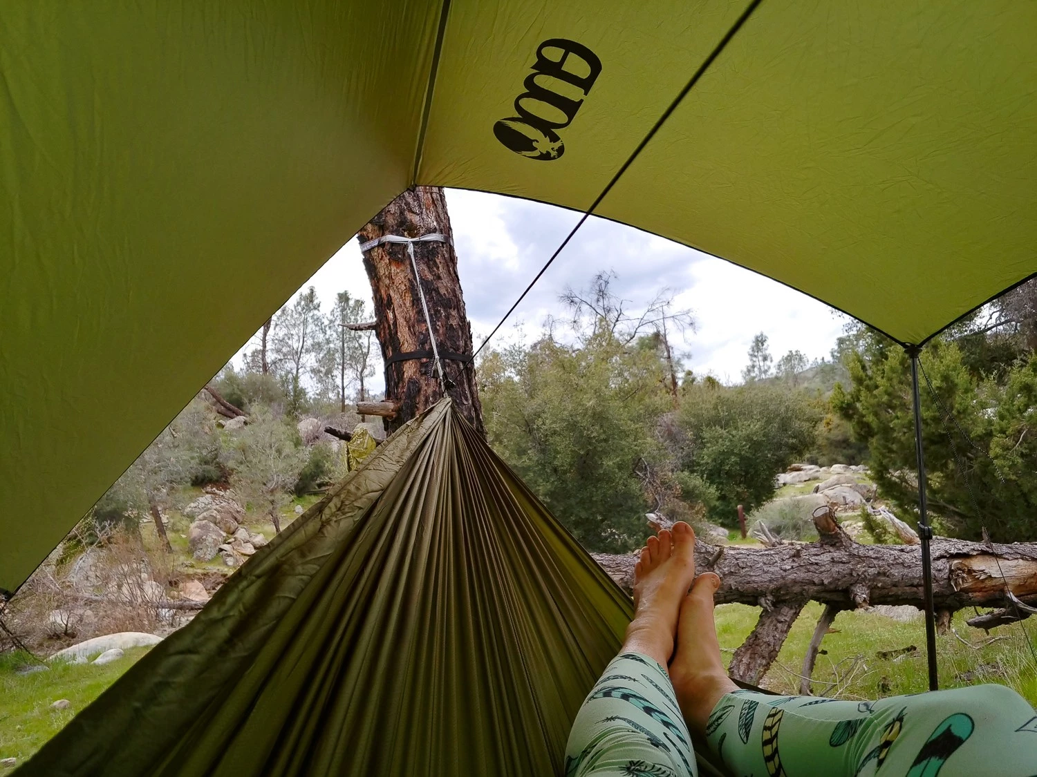 A large grey tarp pitched over a hammock with one side elevated by trekking poles for a view.