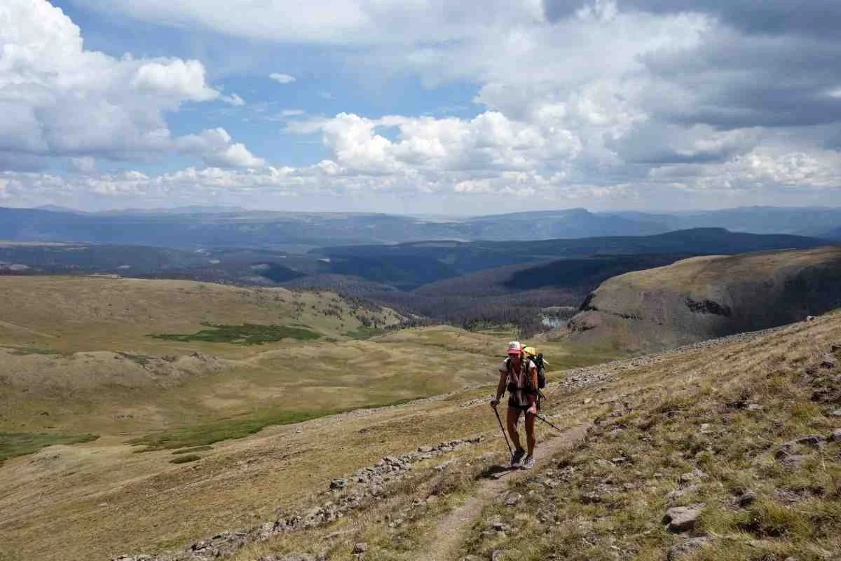 A well-defined dirt trail through an alpine meadow surrounded by peaks.