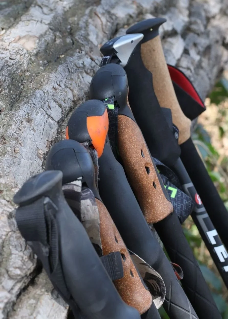 A comparison of three trekking pole grips made from cork, rubber, and foam materials.