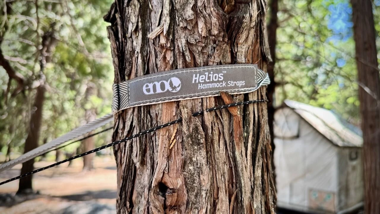 Close-up of thick, sturdy polyester webbing tree straps supporting a hammock.
