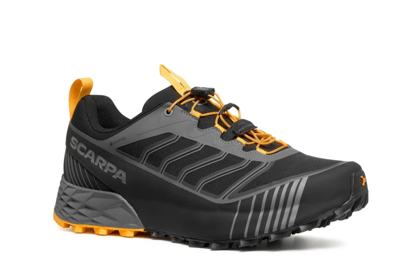 Close-up side view of the Scarpa Ribelle Run 2 GTX shoes showing the waterproof upper construction.