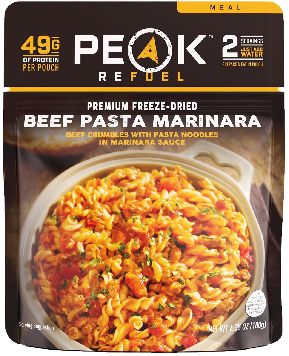 A close-up of a Peak Refuel Beef Stroganoff pouch.