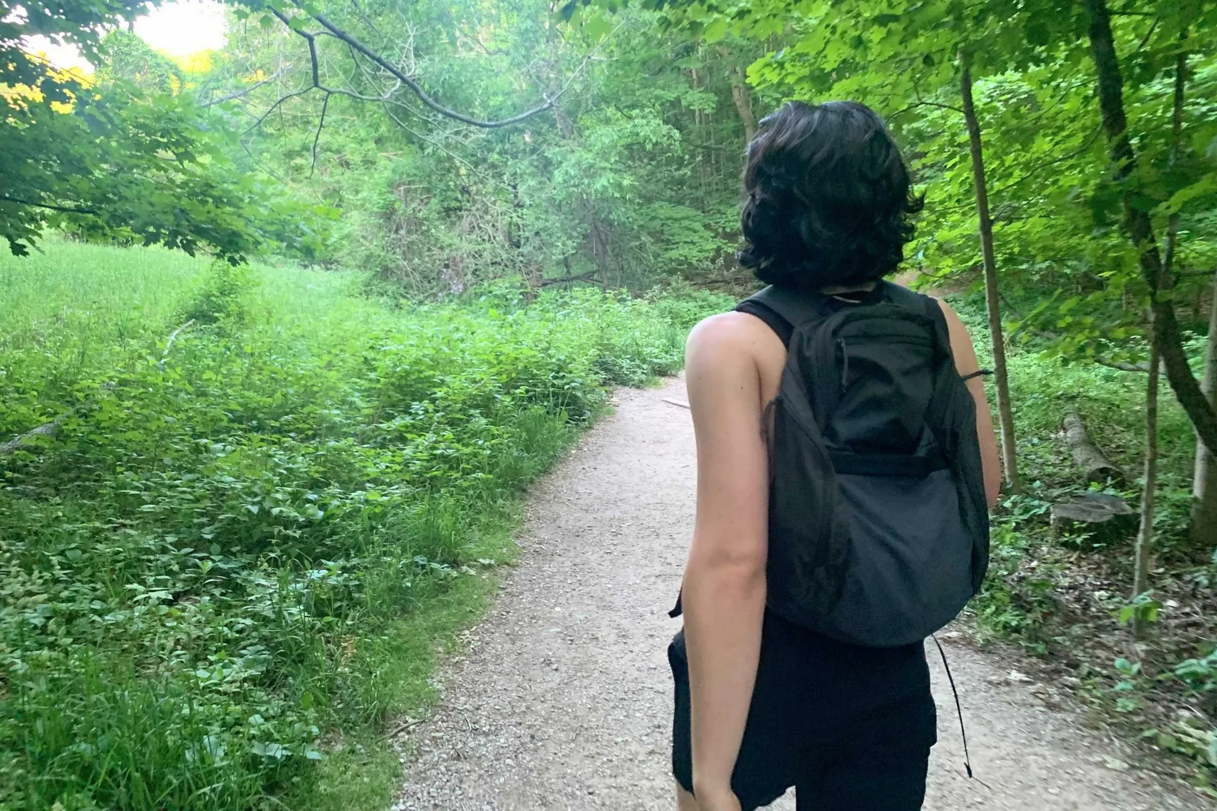 A grey Patagonia Refugio daypack being carried in an outdoor setting.