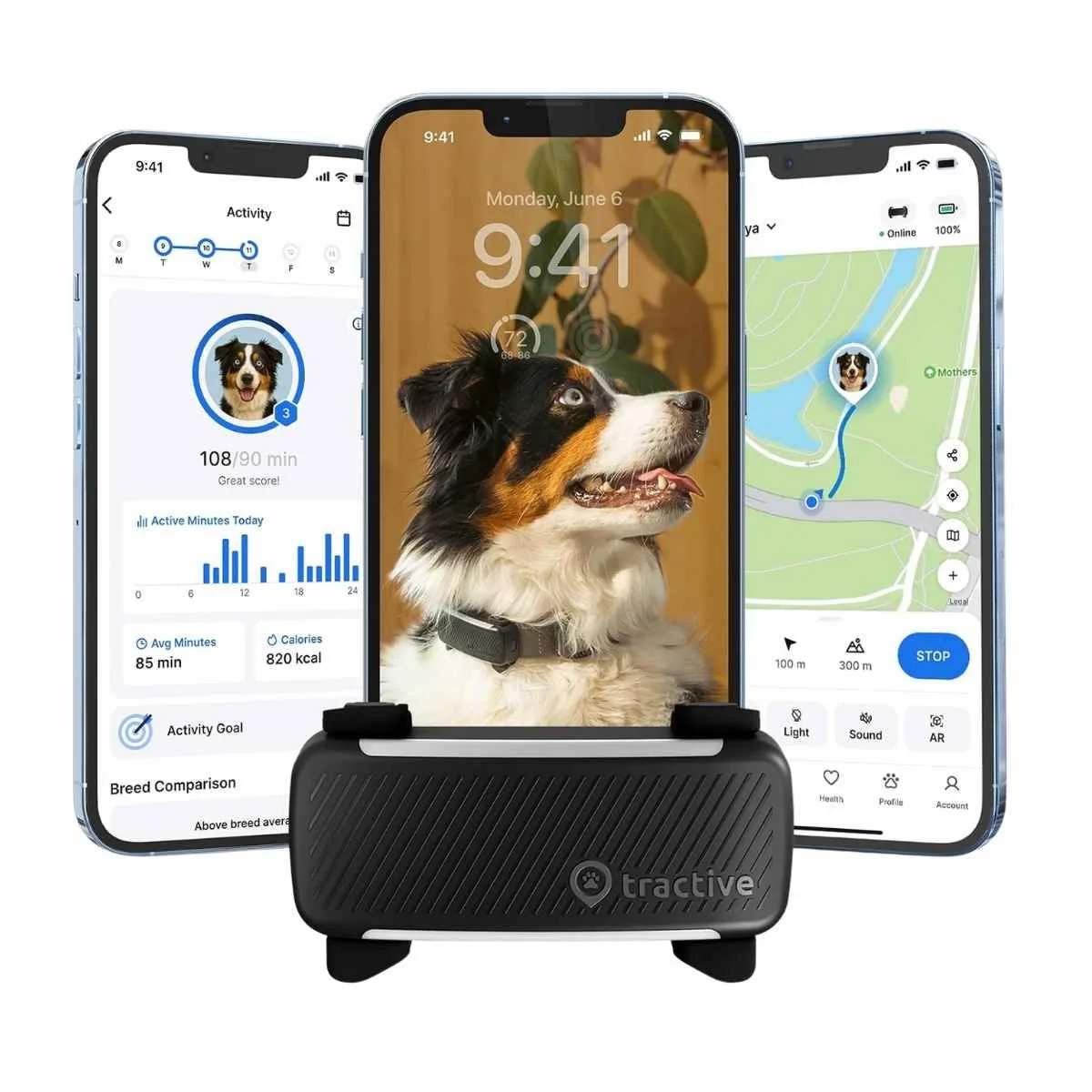 Front and side view of the white Tractive Dog 6 tracker showing its streamlined shape.