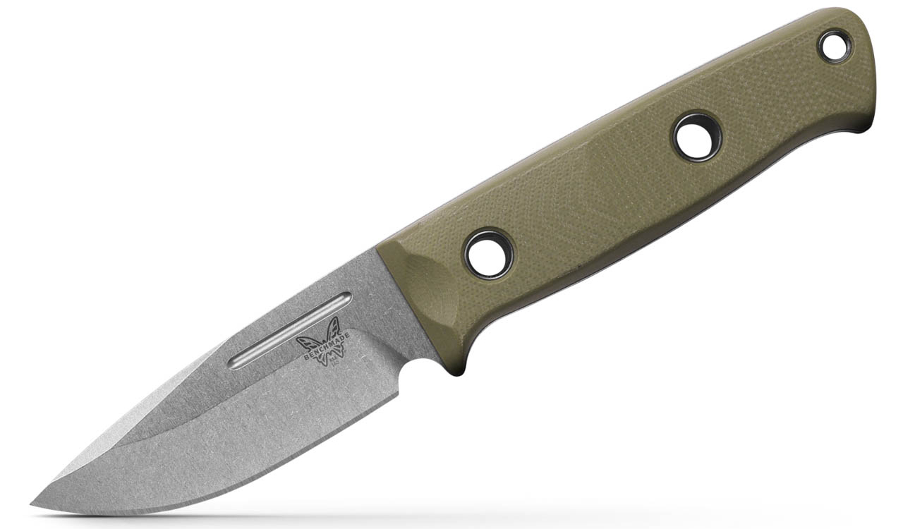 Close-up of the Benchmade 165 Mini Bushcrafter showing its handle and blade profile.