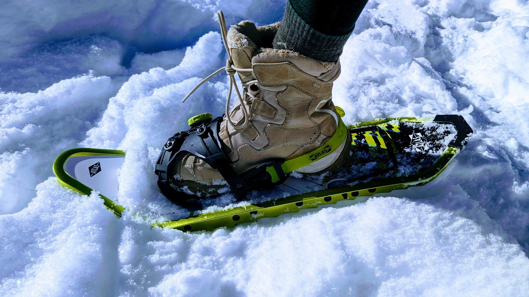 A close-up of a BOA fit system dial on a snowshoe binding.