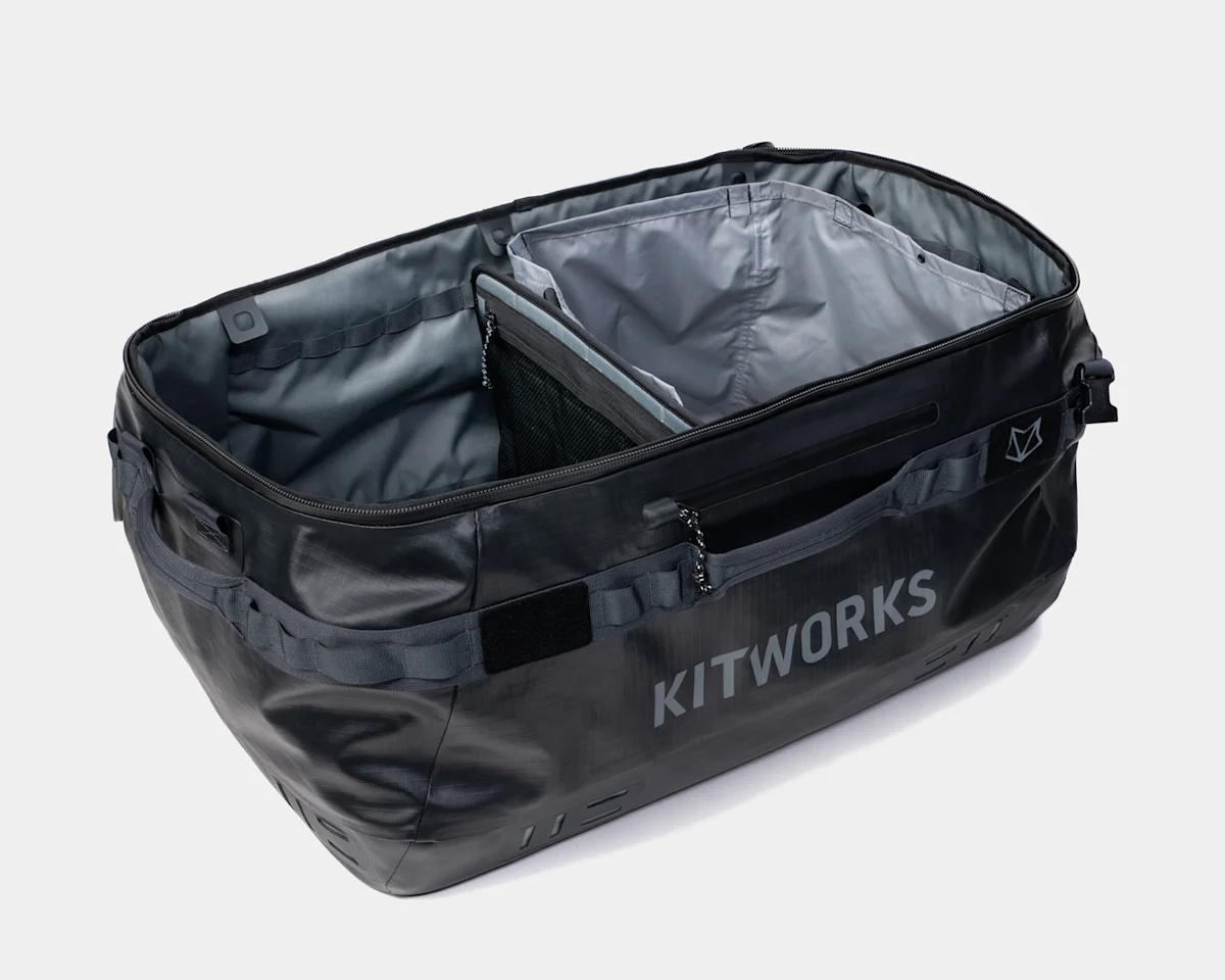 A ruggedized gear duffel designed for modularity and technical outdoor storage.