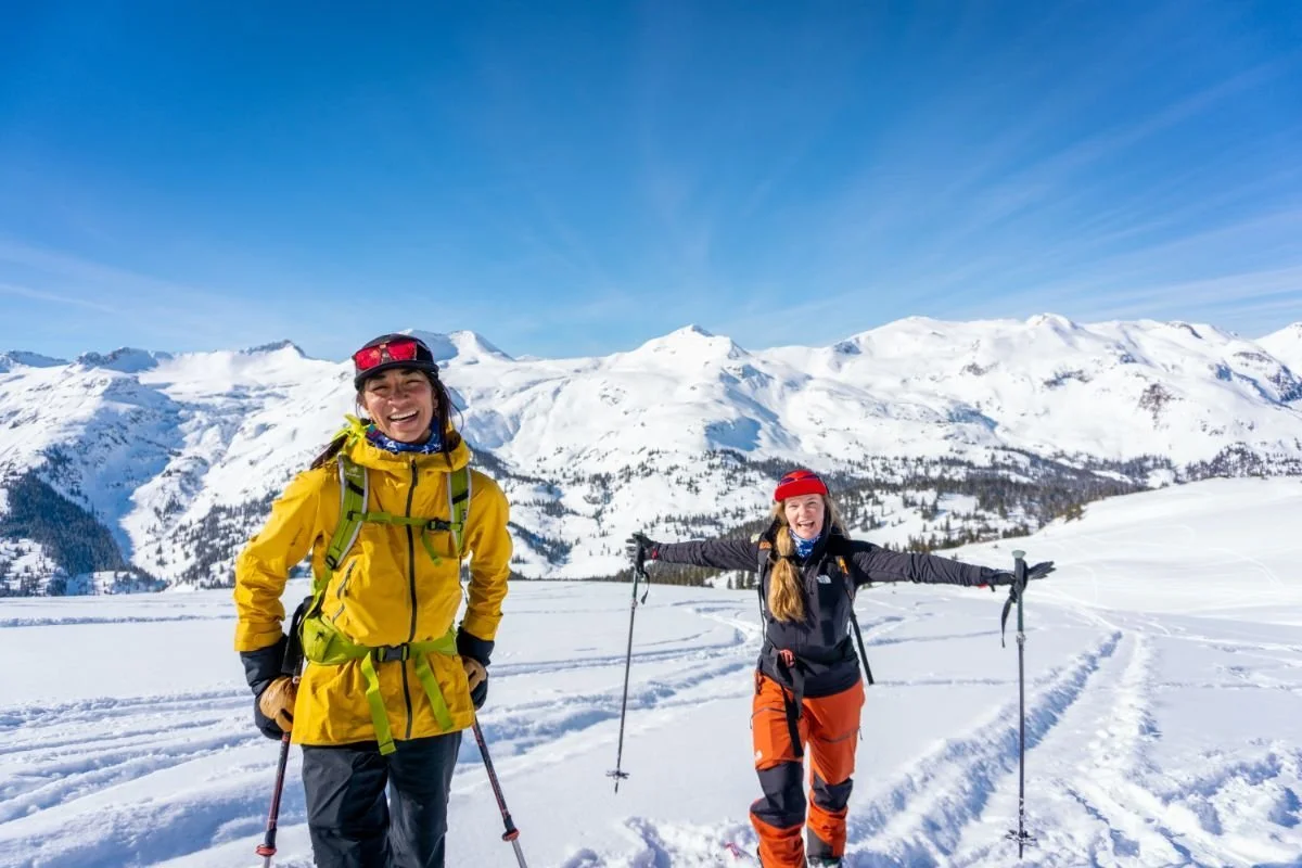 Treeline Review snow sport enthusiasts displaying a variety of technical winter outdoor gear outdoors.