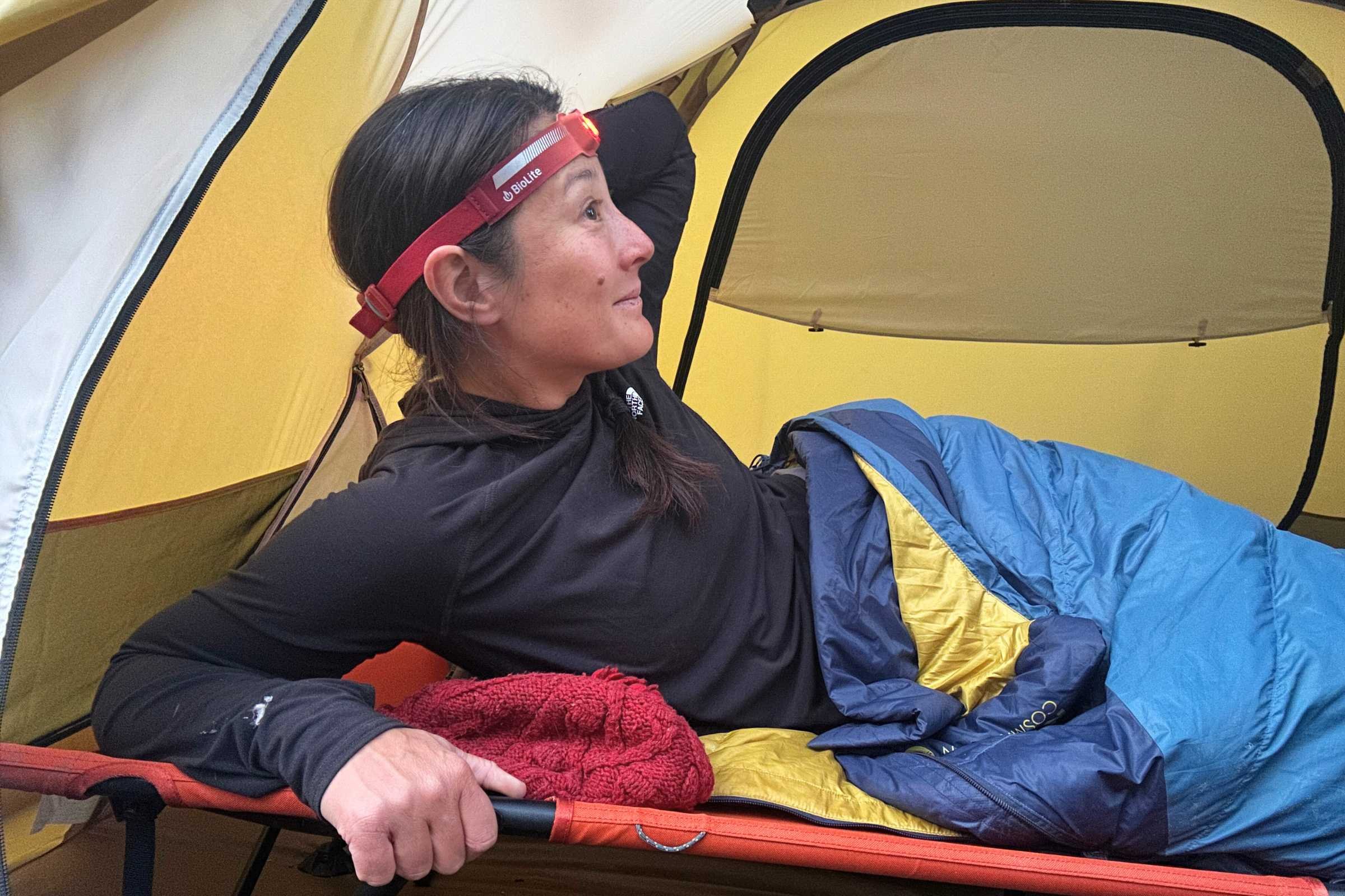 Close-up detail of the moisture-wicking fabric and thin construction of the headlamp strap.