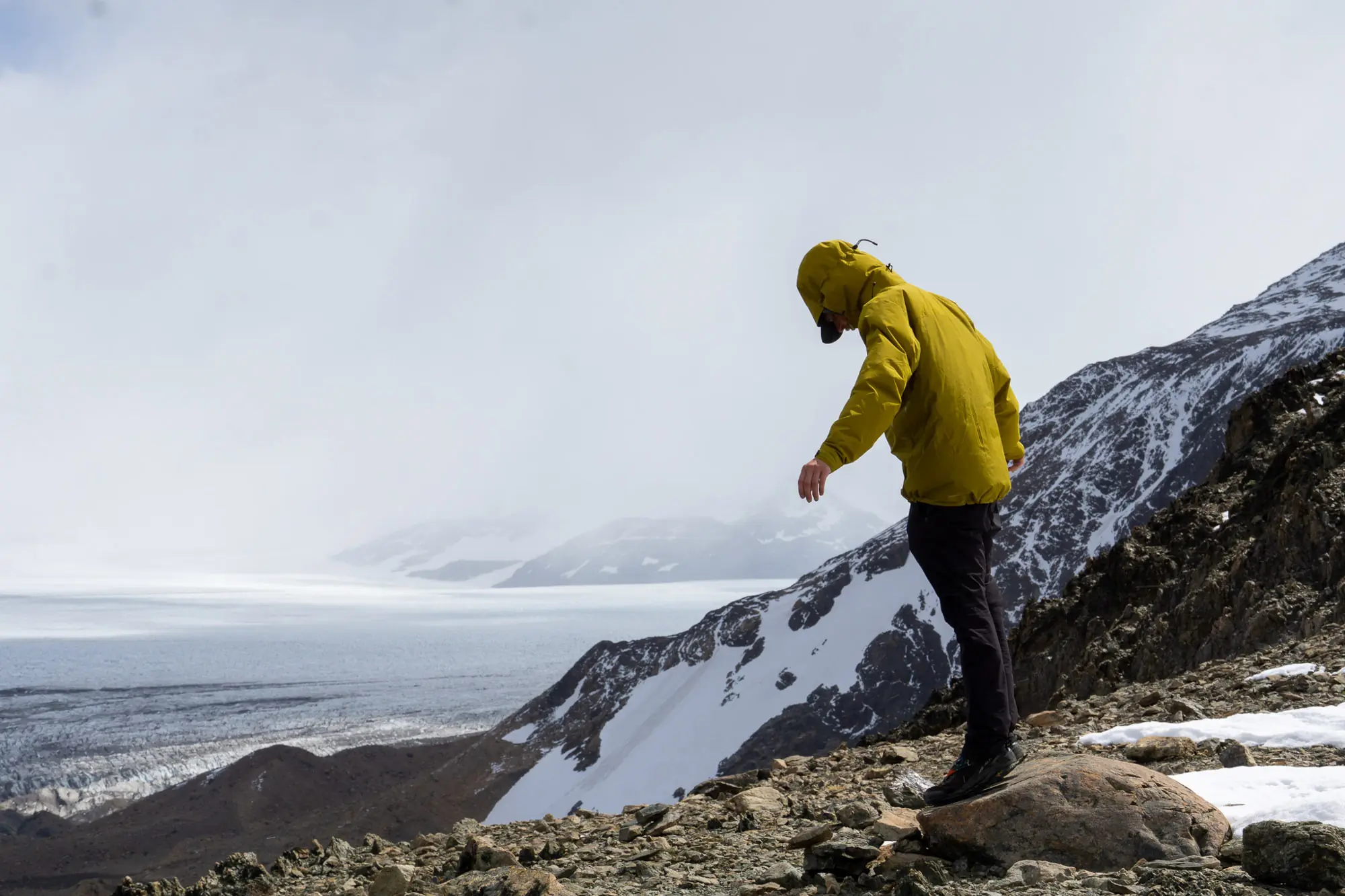 Arc’teryx Beta AR jacket being used in high winds in Argentina.