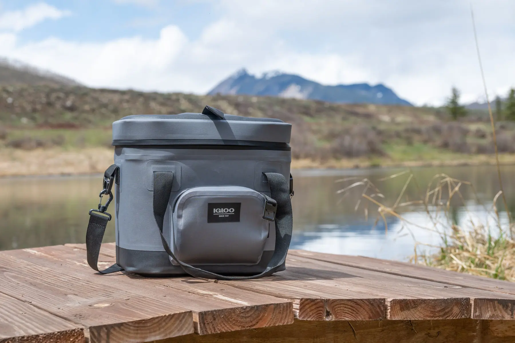 Igloo Carbonite Trailmate 18 cooler sitting on a wooden dock by a lake.