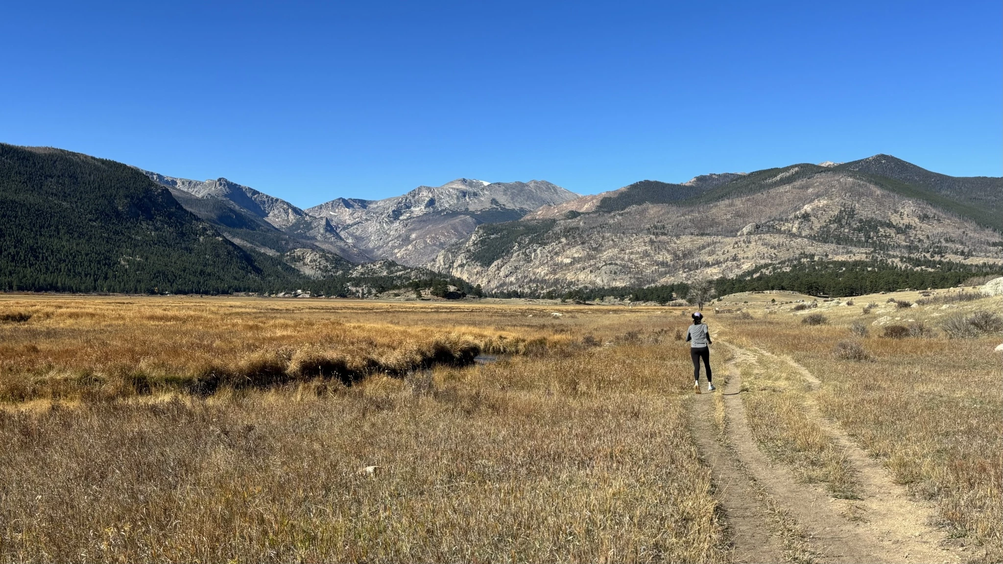 Tester running in women's trail shoes across an expansive mountain landscape.
