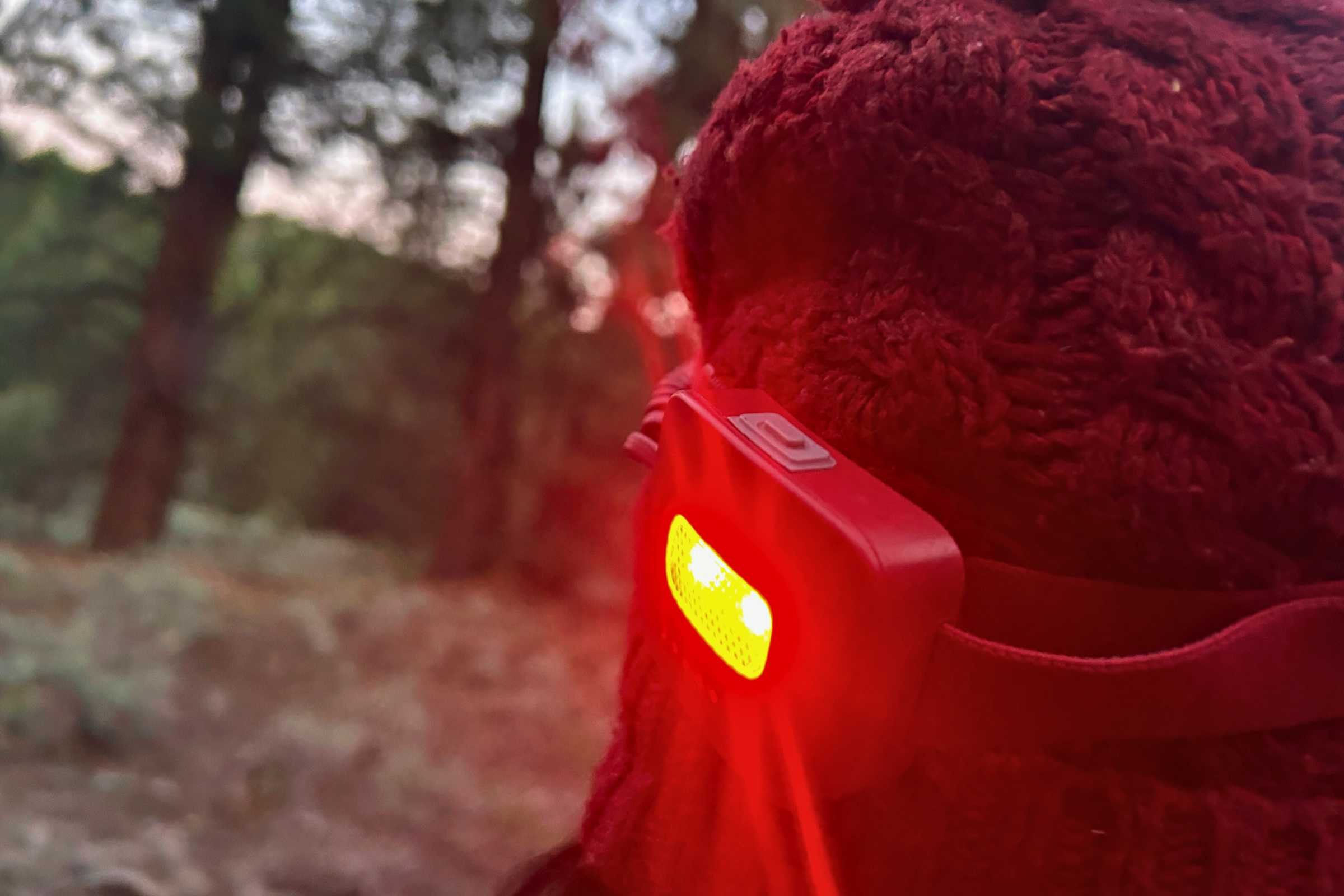 The rear-mounted red safety light on the back of the BioLite Dash 450 headband.