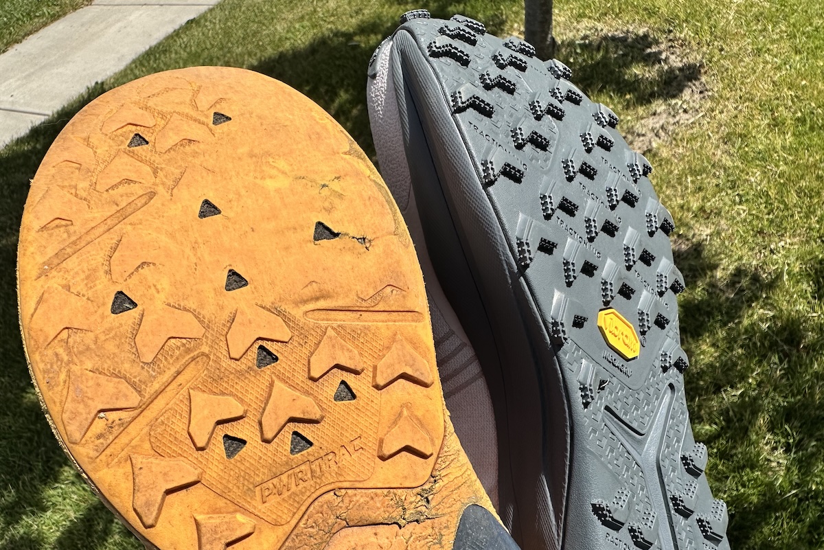 A side-by-side comparison of worn-out trail shoe traction versus a new outsole.