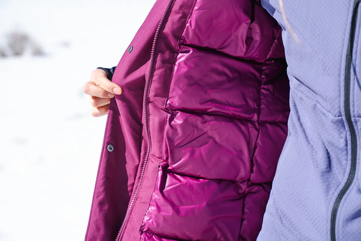 Interior view of the insulation baffles in a women's winter jacket