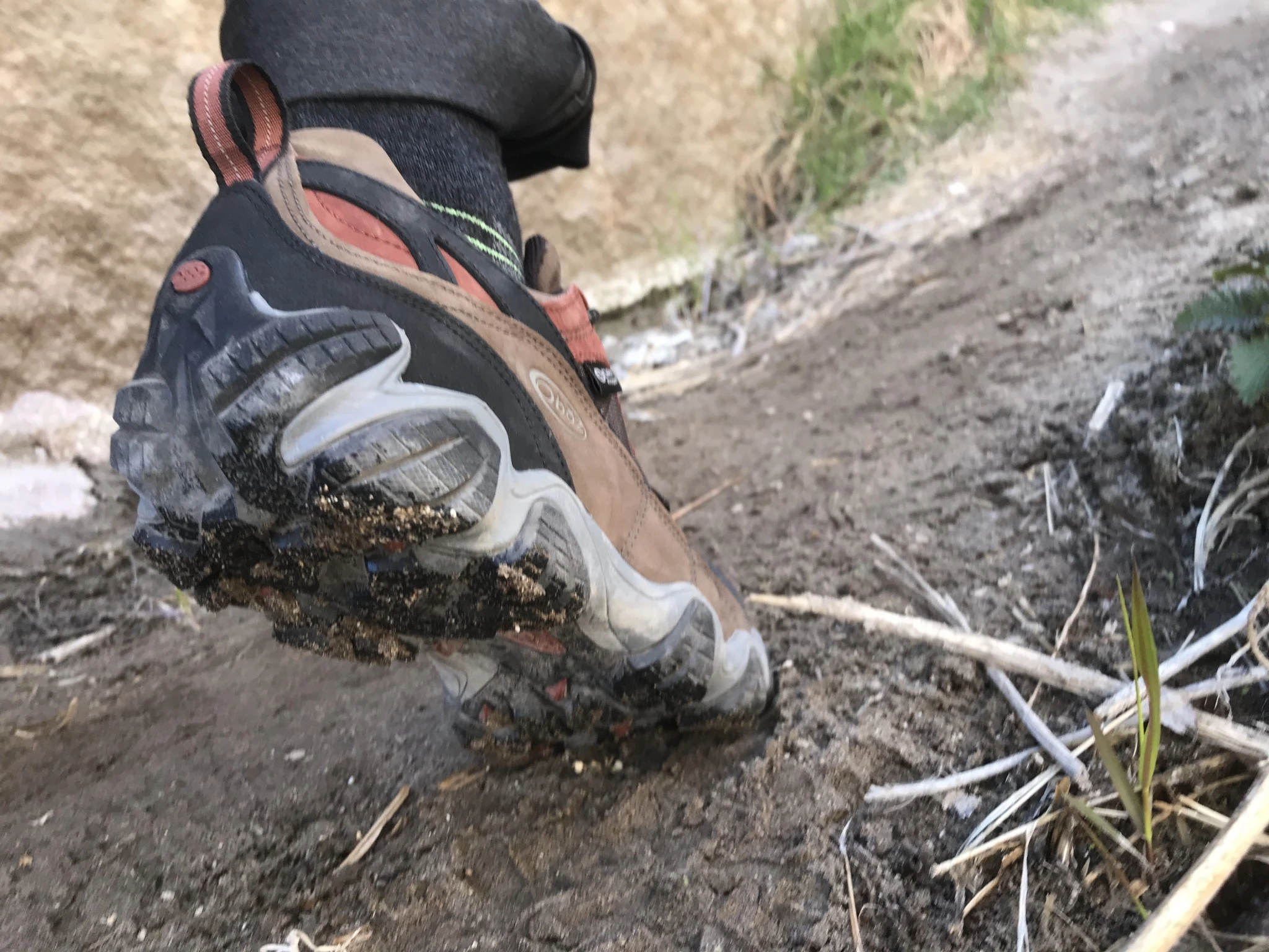 A sturdy hiking shoe with a thick midsole and grippy outsole pattern.