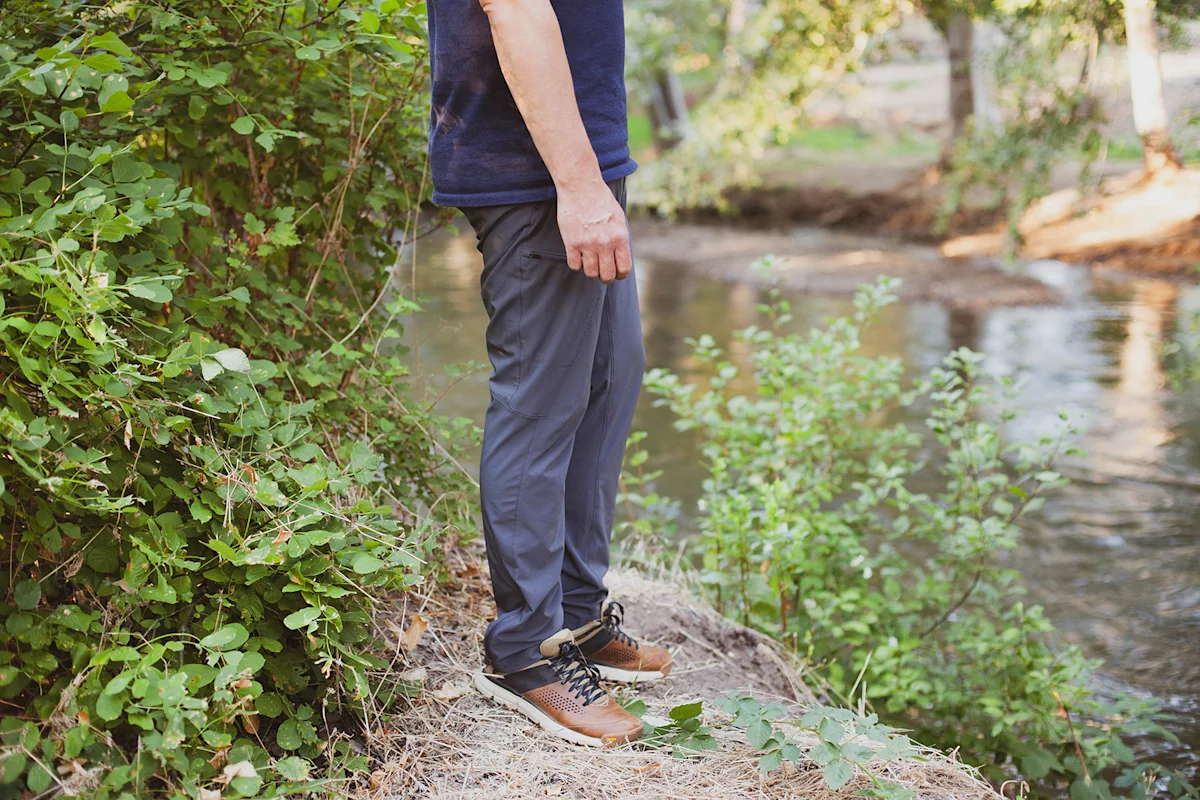 Close-up of Patagonia Terravia Trail pants showing the technical fabric and fit.