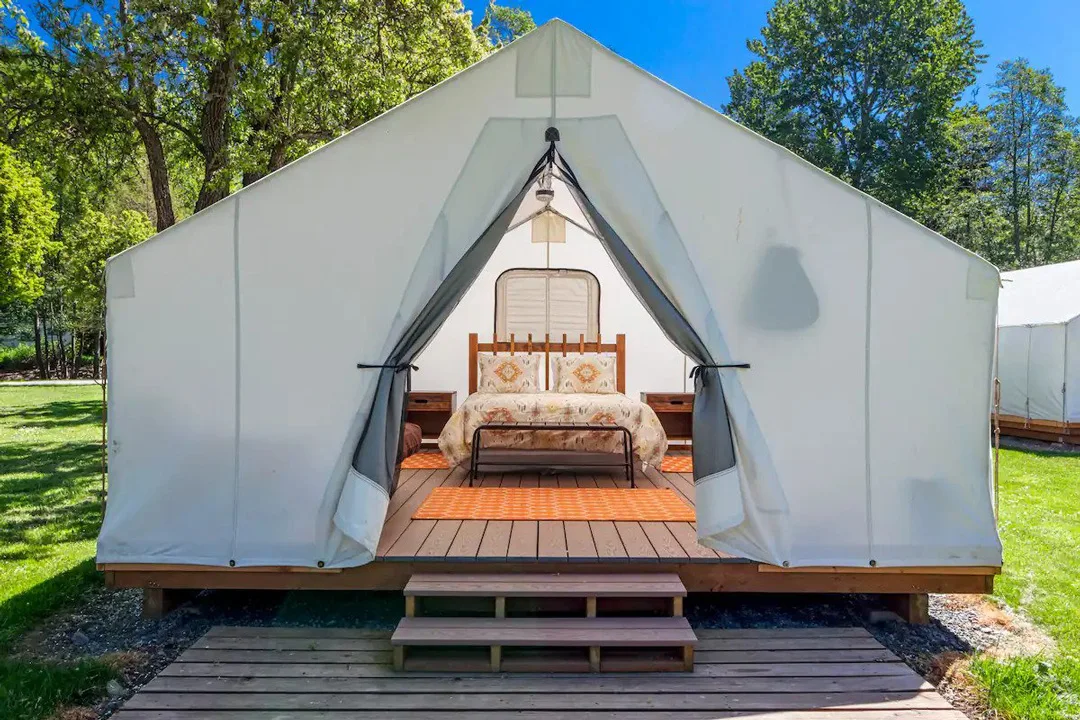 Cabins and glamping setups along the shoreline at West Beach Resort on Orcas Island.