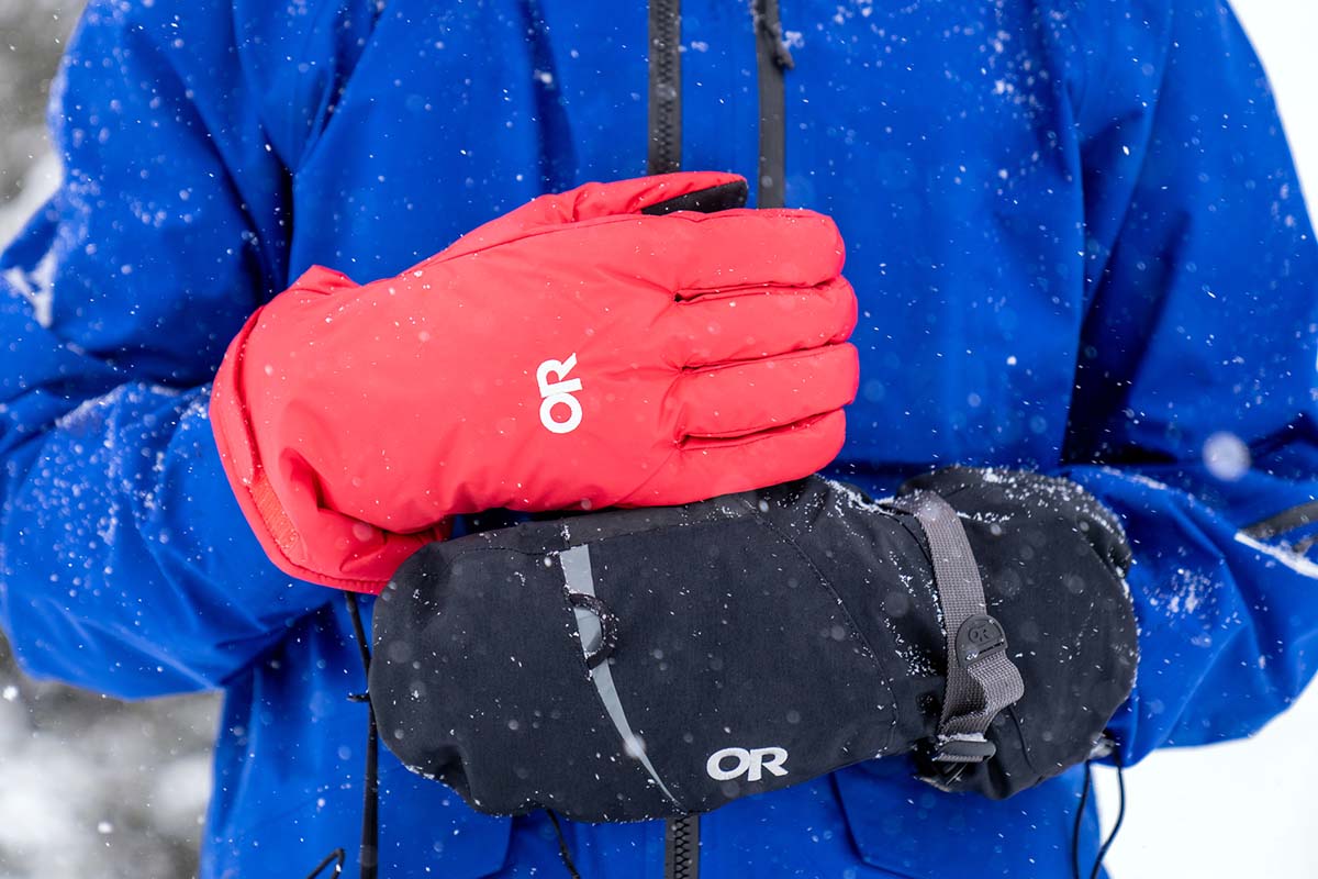 Outdoor Research Mt. Baker II mittens with their insulated liners shown alongside.