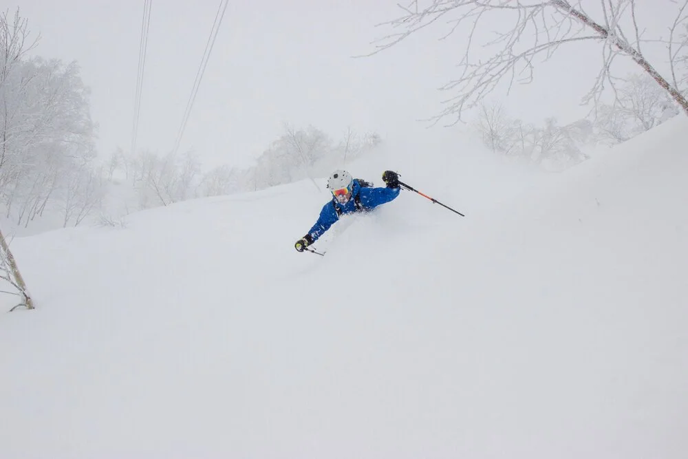A skier surrounded by mist and heavy, wet snow conditions.