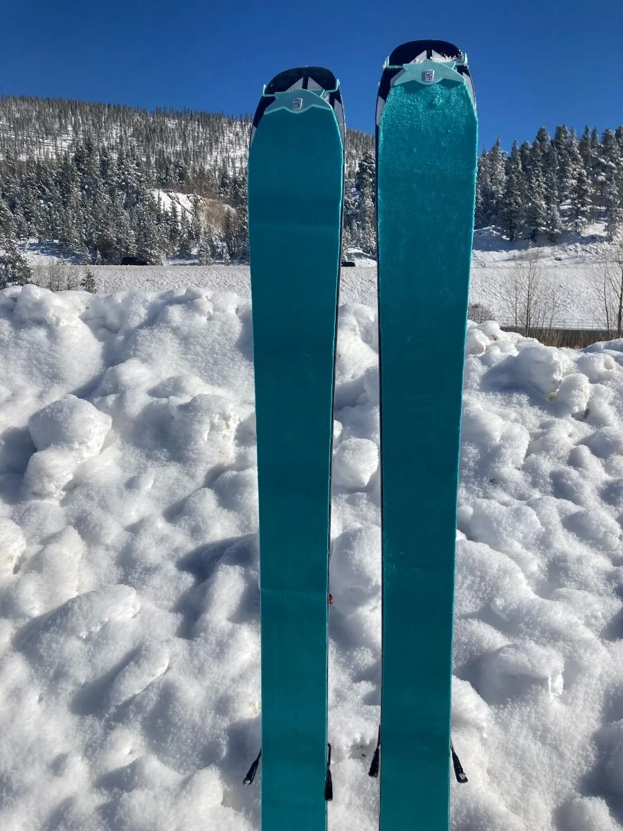 Closed-up view of climbing skins attached to the bottom of backcountry skis.
